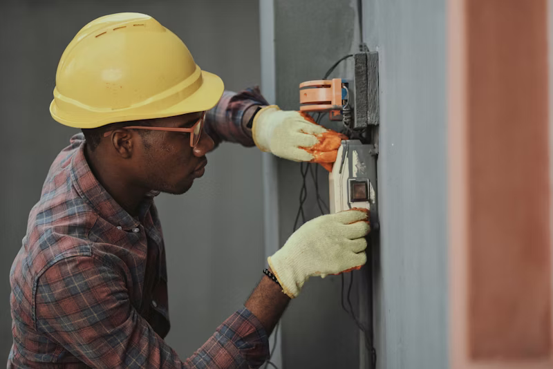 Trabajador de la construcción colocando medidor eléctrico 